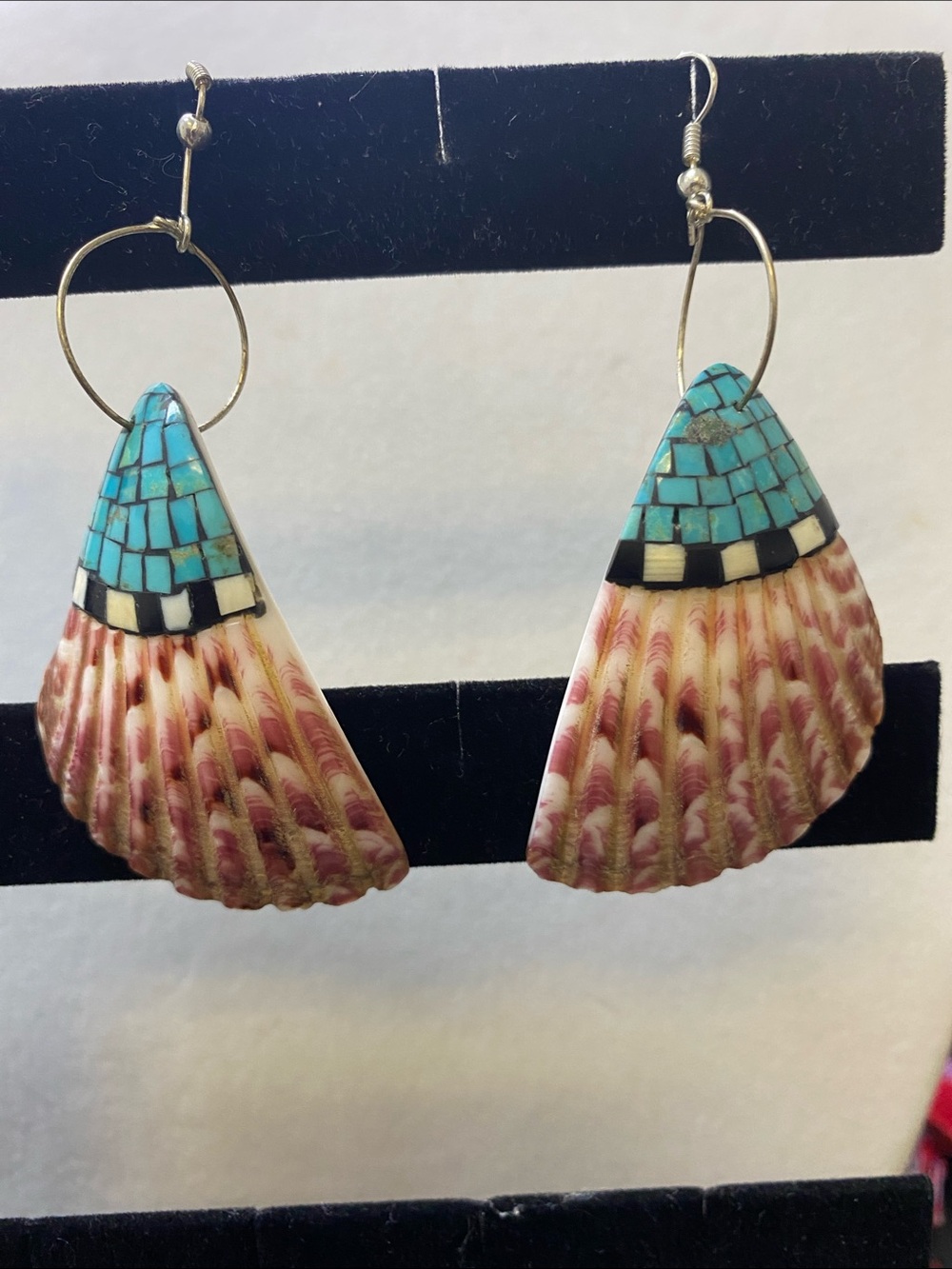 Turquoise Mosaic on Pecten Shell Navajo Earrings SS hooks
